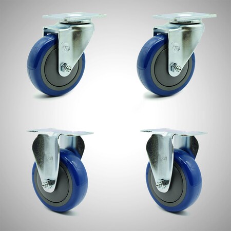 Service Caster 4 Inch SS Blue Polyurethane Swivel Top Plate Caster Set with 2 Rigid SCC SCC-SS20S414-PPUB-BLUE-2-R414-2